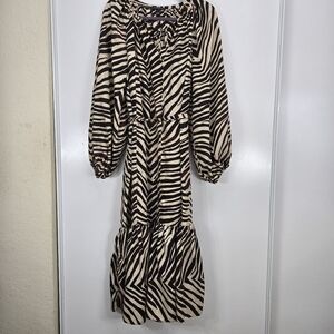 Banana Republic Silk Zebra Print Long Sleeve Midi Dress Black Cream Ruffle Hem L